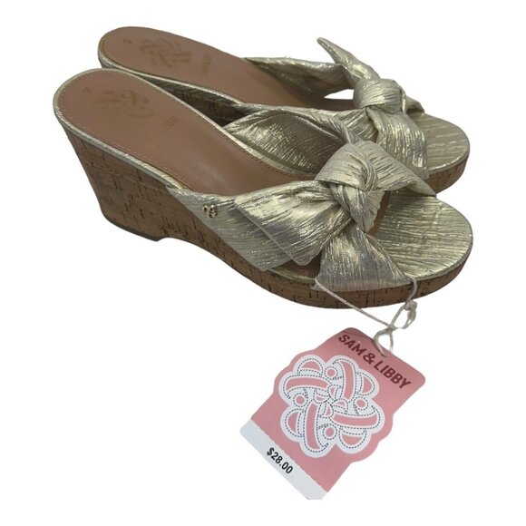 SAM & LIBBY Claudia Women Size 7 Gold Metallic Platform Wedge Sandals -Slip On - Picture 11 of 12